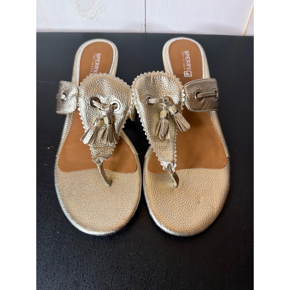 Sperry Womens Gold Leather Wedge Thong Tassel Sandal 9303306 Size 9M